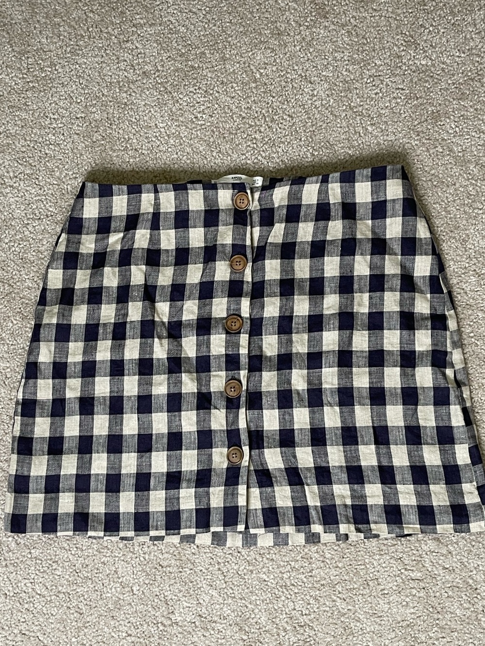 Mango Navy and Cream Gingham Button-Front Mini Skirt